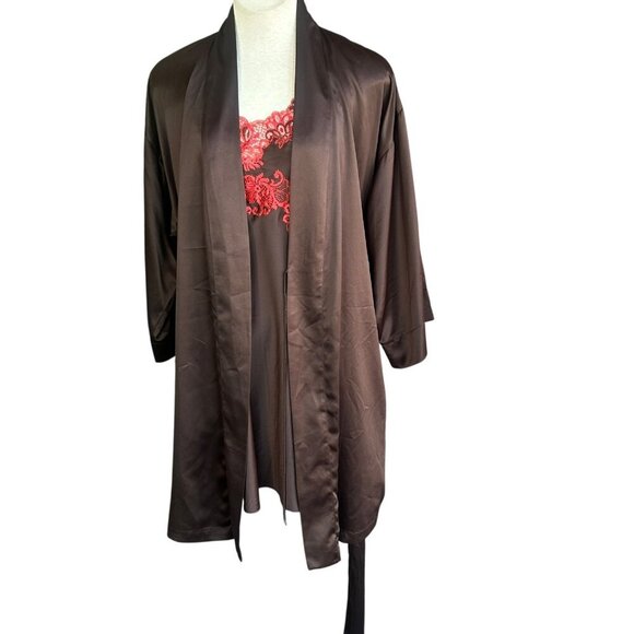 Natori Brown and Red Lace Satin Negligee and Robe Loungewear Set Size Small - Picture 1 of 10